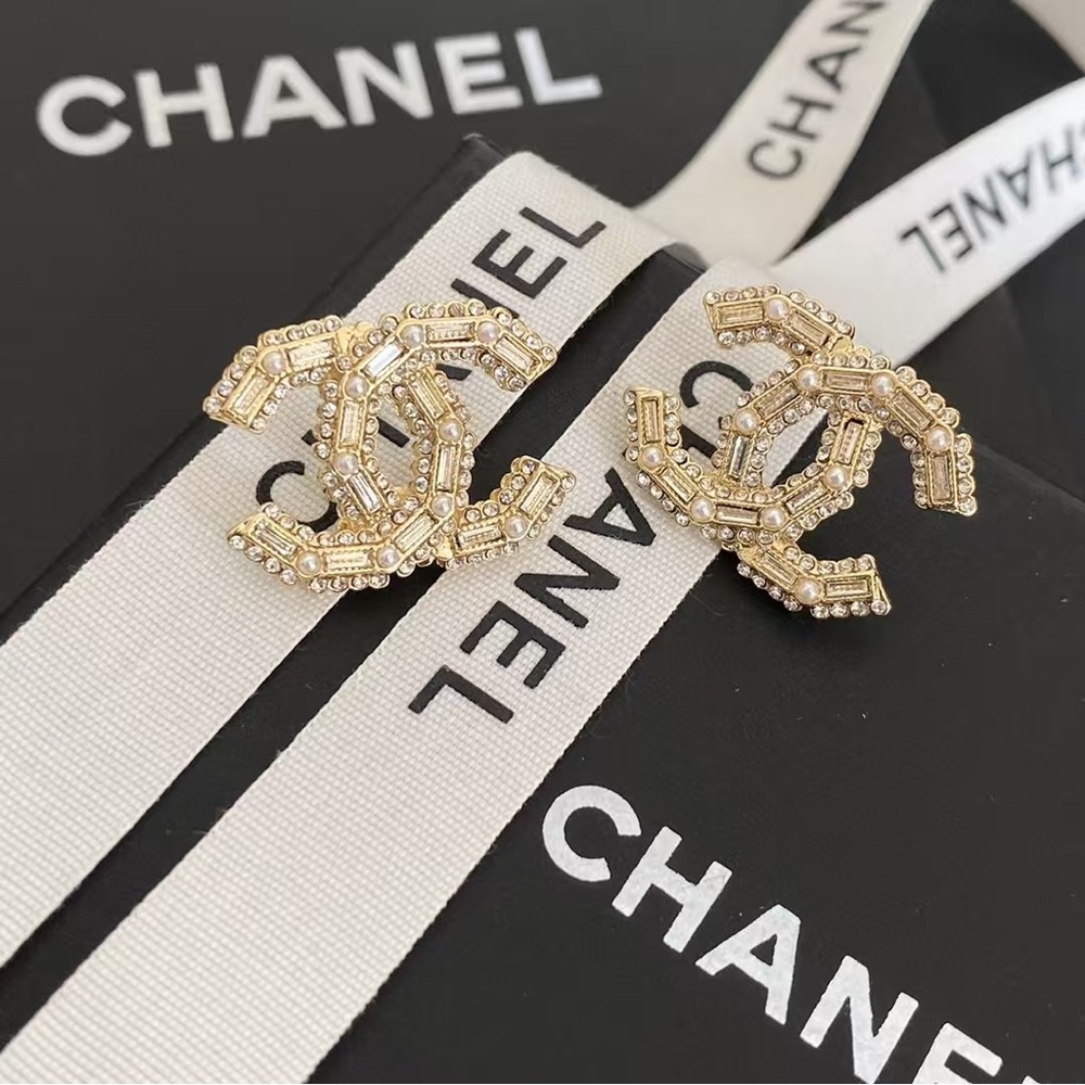 CHANEL Gold Beaded Logo Earrings